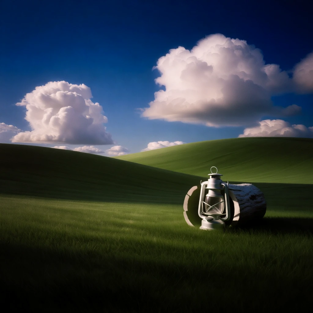 a surreal minimalist landscape, weathered metal lantern inside a textured hollow log, rolling vibrant emerald green hills, deep blue sky with voluminous white cumulus clouds, high-contrast direct sunlight casting long soft shadows, clean and uncanny aesthetic, hyper-realistic details, saturated color palette, liminal space atmosphere, sharp focus, wide angle cinematic composition, polished commercial photography style.