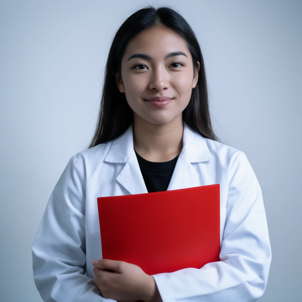 Medium close-up portrait of a young woman of Asian descent, wearing a crisp white lab coat over a black shirt, holding a bright solid red folder clasped across her chest with both hands, long straight dark hair parted down the middle, minimal natural makeup, gentle confident smile, direct eye contact with the viewer, plain light grey seamless studio background, soft diffused cool-toned studio lighting, subtle shadow cast on the background behind her right shoulder, high resolution, professional commercial photography