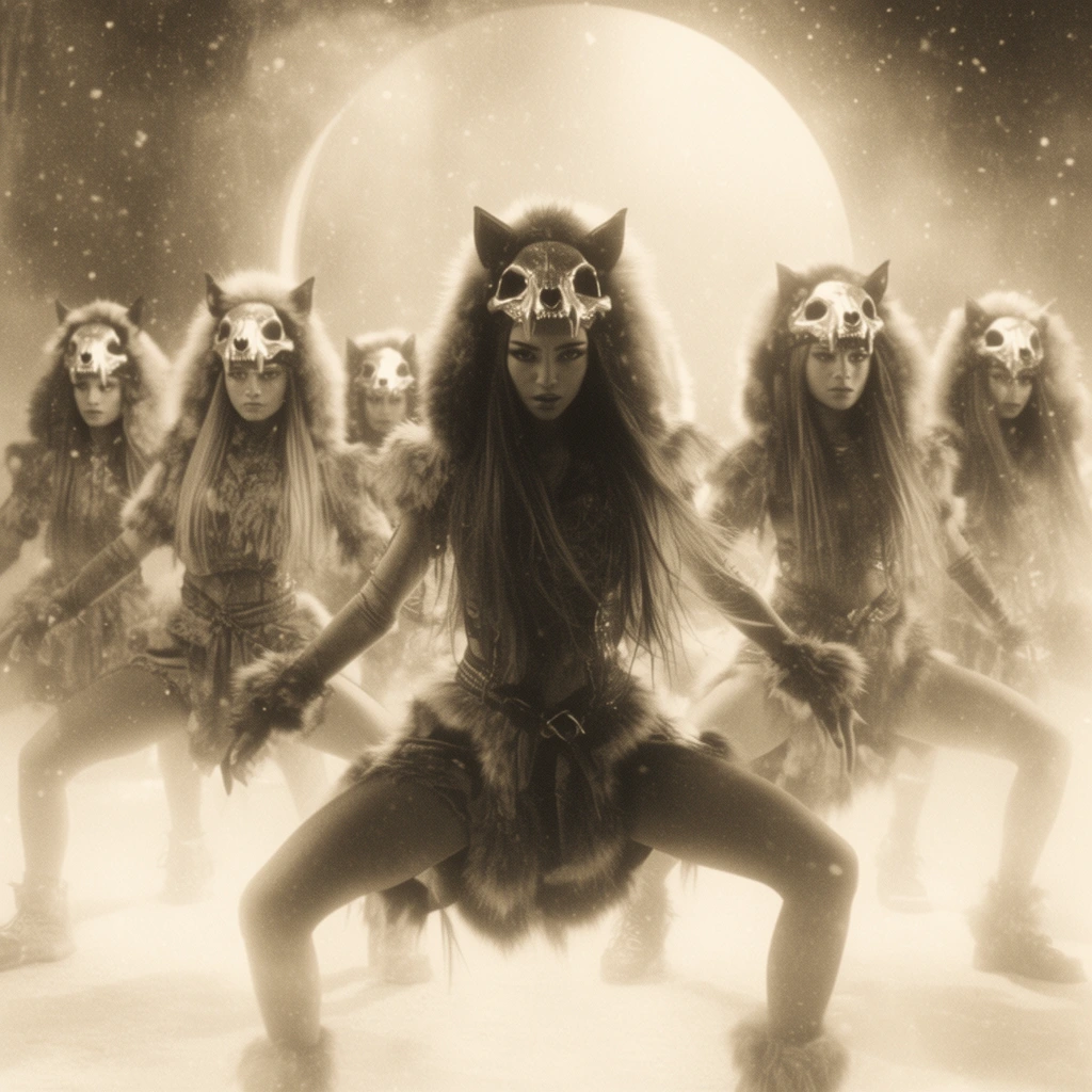 A central female performer in a dynamic lunge leads a synchronized dance formation of five women. They wear elaborate animal-inspired headdresses with metallic skull visors and thick fur hoods over long hair, paired with layered, fur-trimmed costumes. The highly stylized, monochromatic sepia scene features heavy film grain and soft lens diffusion. Floating snow-like particles drift through the ethereal, hazy environment, where a massive glowing circular light source creates dramatic backlighting and washes the edges in an overexposed, dreamy glow.