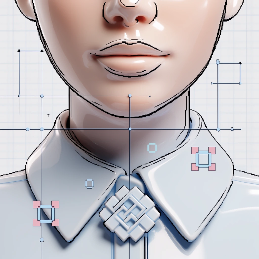 A glossy, 3D-rendered woman's lower face and neck positioned above a rigid, sculpted collared shirt adorned with a geometric brooch, all crafted with a smooth, plastic-like tactile finish. High-contrast, step-like aliased black contour lines curve across the polished geometry of the subject, contrasting sharply with the pristine, volumetric forms. The soft, rounded surfaces of the lips and skin reflect gentle specular highlights under bright, diffused studio lighting, rendered in a cool, pastel-tinged color palette. Floating across the foreground are precise technical graphic overlays: thin, orthogonal black and light blue intersecting lines, tiny anchor nodes, right-angle measurement brackets, and hollow, pixelated 8-bit squares in soft pink and pale blue. The entire composition is set against a stark white background faintly mapped with a light blue architectural grid, seamlessly blending high-fidelity 3D modeling with retro-digital interface elements.