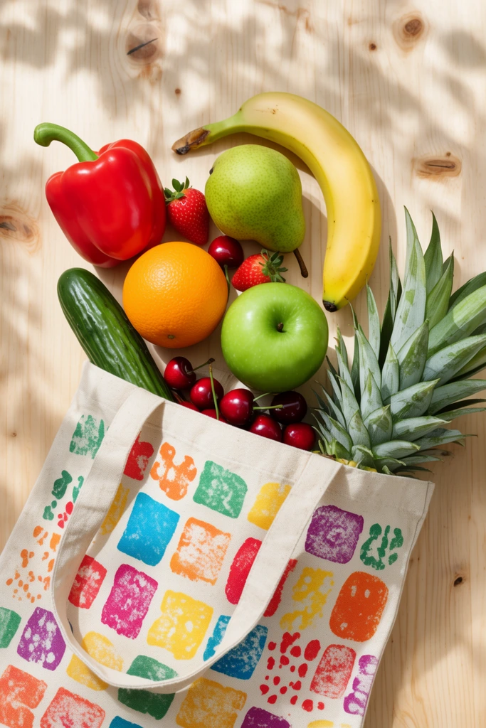 flat lay photography of vibrant fresh produce tumbling diagonally from a patterned canvas tote bag onto a light knotty wooden table, red bell pepper, yellow banana, green pear, strawberry, green apple, orange, cucumber, cherries, pineapple leaves emerging from the opening, beige canvas tote adorned with colorful stamped shapes, bright natural sunlight casting dappled leafy shadows on the wood, top-down perspective, highly saturated colors, crisp commercial food photography