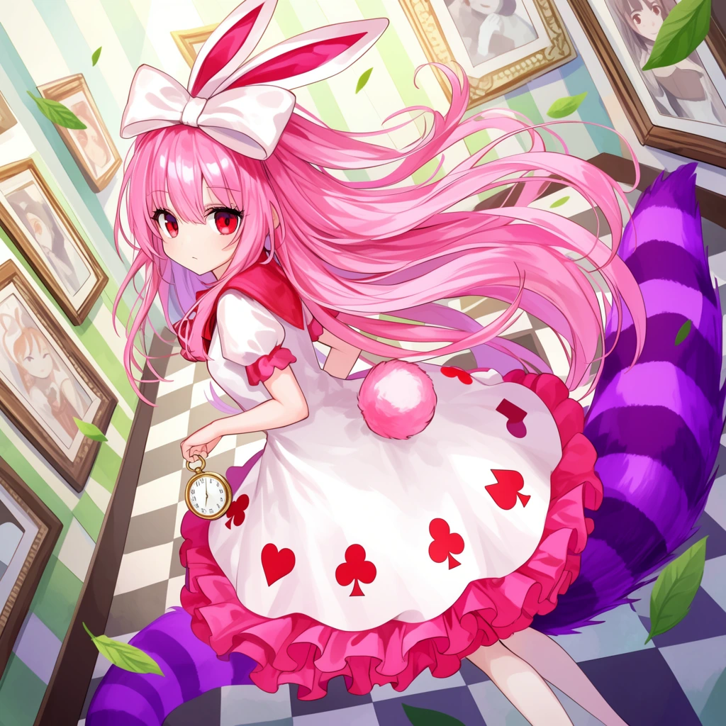 An anime-style girl with flowing pink hair and red eyes poses in a whimsical, tilted room. She wears a large bow resembling rabbit ears, a white dress with red card-suit motifs, a pink ruffled hem, and a fluffy tail. Holding a gold pocket watch, she glances over her shoulder. The dynamic scene features a checkered floor, framed portraits, floating leaves, and a purple striped tail. Bright lighting enhances the surreal, vibrant illustration style.