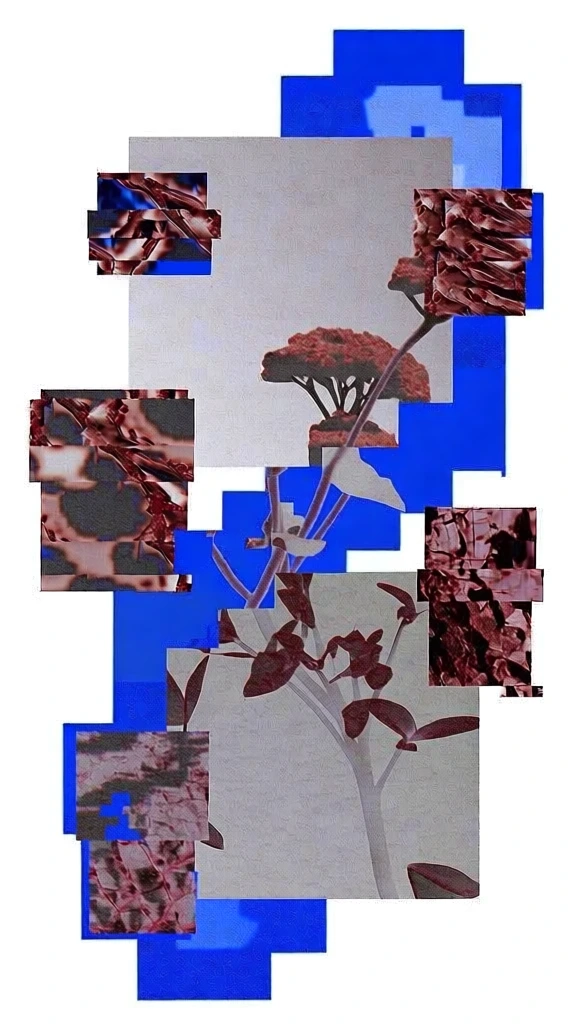 an avant-garde digital collage, collection of botanical elements in a tangled garden layout, sharp stair-stepped blue silhouettes against a stark white background, floating rectangular glitch cutouts showcasing hyper-detailed macro textures of organic plant matter, gritty film grain, desaturated earthy tones, flat studio lighting, high-contrast surrealist composition, minimalist arrangement of overlapping geometric frames, aesthetic of 90s internet glitch art and clinical surrealism.