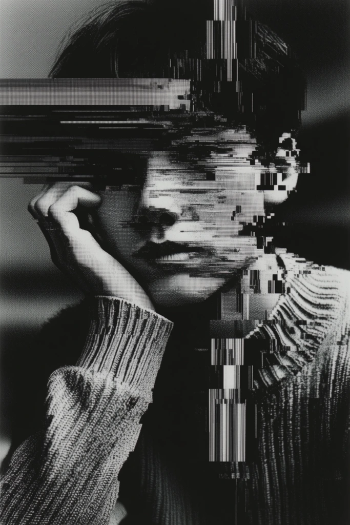 Monochrome Glitch Decay style AI image example 1