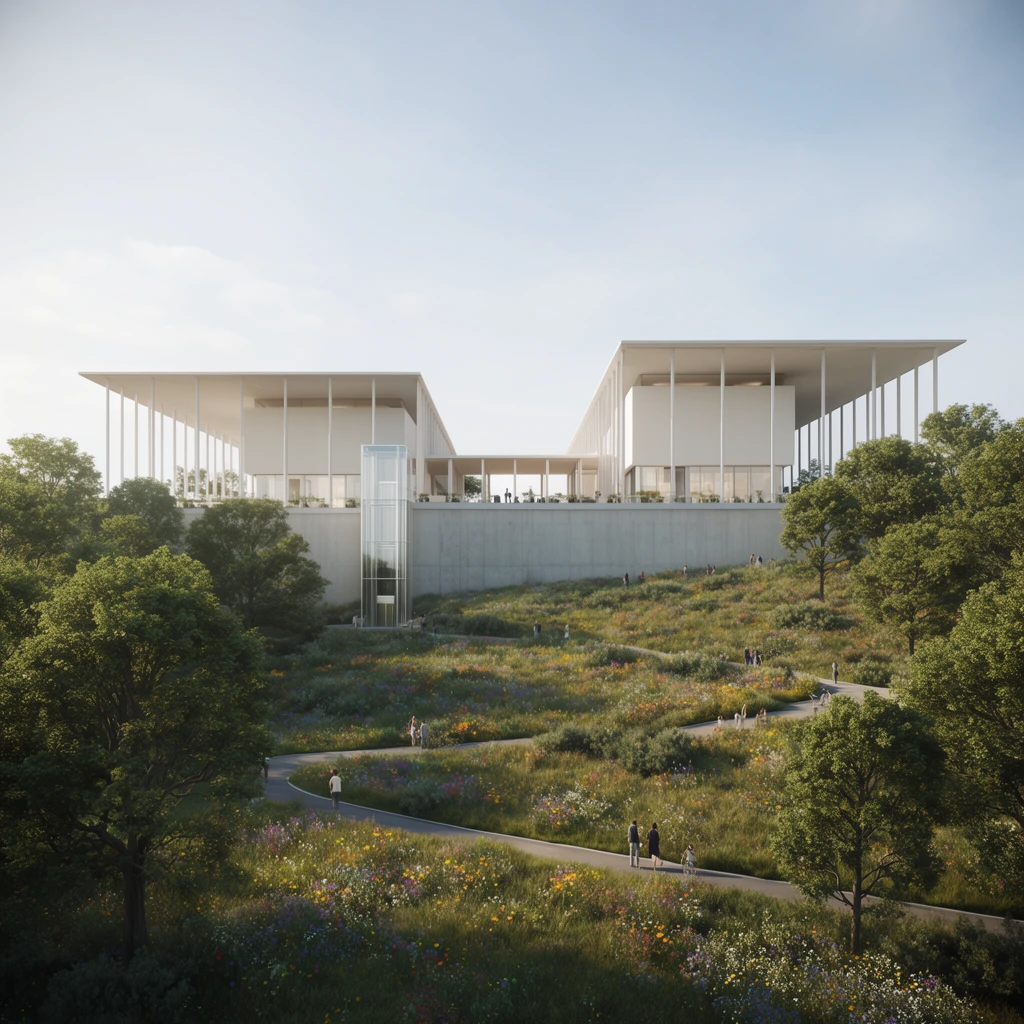 A modern twin-building architectural complex crowns a lush sloping hillside under a pale blue sky. The two white rectilinear structures feature expansive overhanging roof canopies supported by slender colonnades linked by a central elevated terrace. A solid concrete retaining wall and a prominent glass-enclosed elevator tower anchor the sleek buildings to the terrain. The foreground landscape bursts with mature shade trees, rich meadow grasses, and colorful wildflowers. Meandering paved pathways wind through the hillside populated by tiny human figures establishing a massive scale. This photorealistic architectural visualization utilizes a wide-angle perspective and soft natural sunlight to emphasize the pristine integration of geometric architecture within a vibrant natural environment.