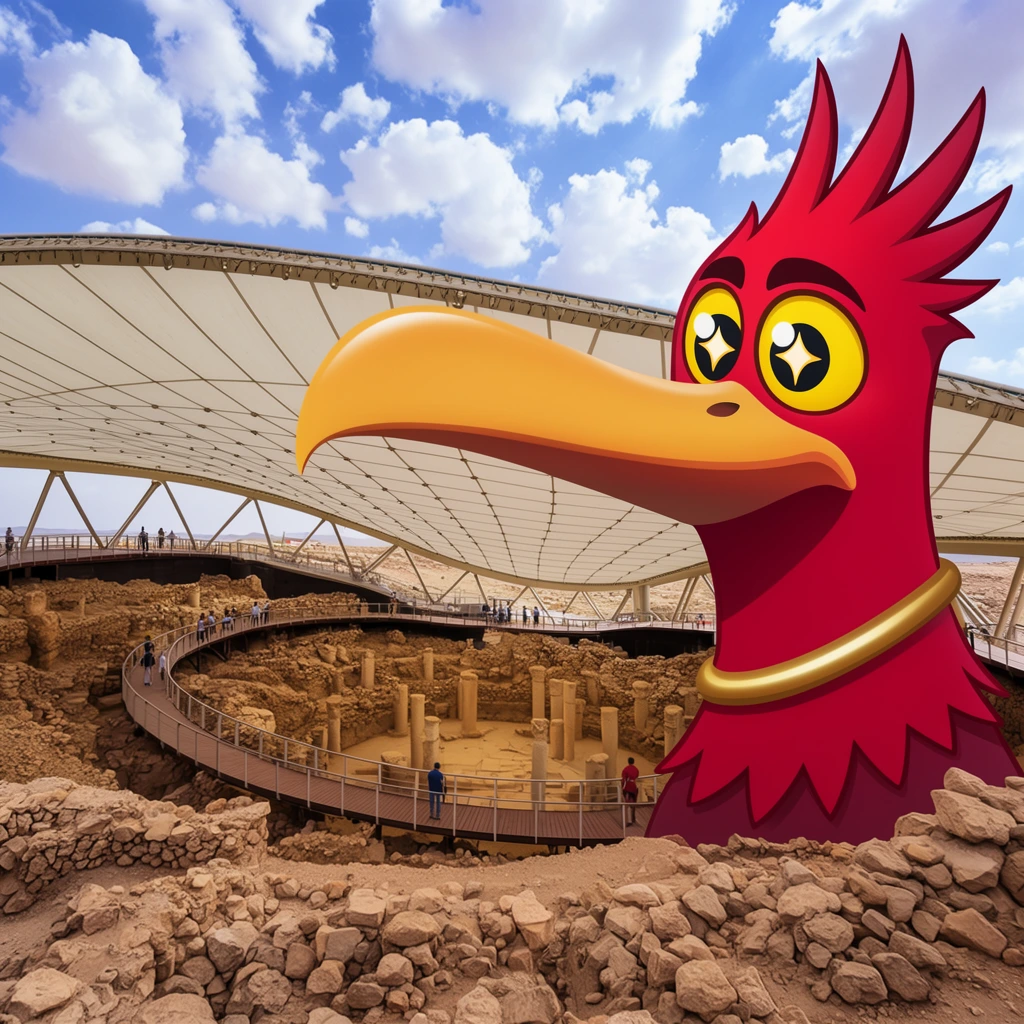 A colossal, stylized crimson-red cartoon bird head dominates the right foreground, creating a striking forced-perspective optical illusion where a sprawling white tensile canopy seamlessly forms its massive upper beak. The bird features vibrant yellow eyes with star-shaped pupils, spiky crest feathers, and a thick gold collar. The sweeping canopy, supported by angled steel beams, shelters a circular archaeological excavation pit filled with ancient standing stone pillars. An elevated wooden walkway with metal railings encircles the ruins, dotted with tiny human figures observing the rocky site. The arid foreground is composed of chunky brown stones, set against a bright blue sky scattered with fluffy cumulus clouds.