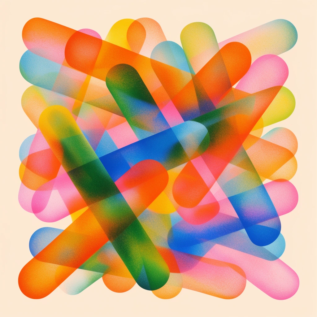 dense cluster of overlapping semi-transparent tubular shapes, intersecting 3D pill-like forms, translucent vibrant palette of orange pink yellow blue and green, heavy stippled grainy texture, retro airbrush illustration, risograph print aesthetic, optical color blending at intersections, solid pale cream background