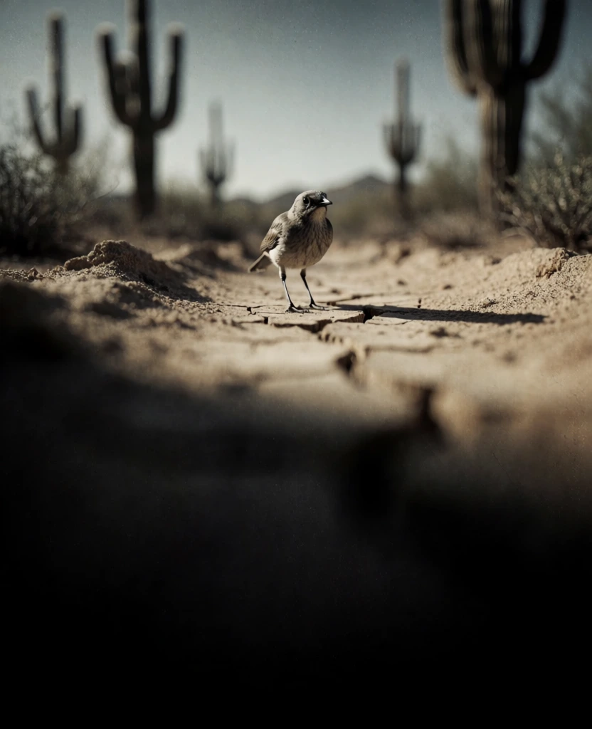 low-angle macro perspective of a solitary bird on a cracked desert path, centered subject with razor-sharp focus on feathers and sand, leading lines through the foreground, cinematic shallow depth of field with heavy bokeh background of hazy cacti, desaturated color palette of muted earth tones and deep blacks, high contrast, selective golden light, gritty textures, atmospheric urban-noir aesthetic applied to a desert landscape, moody, sharp detail, vertical composition