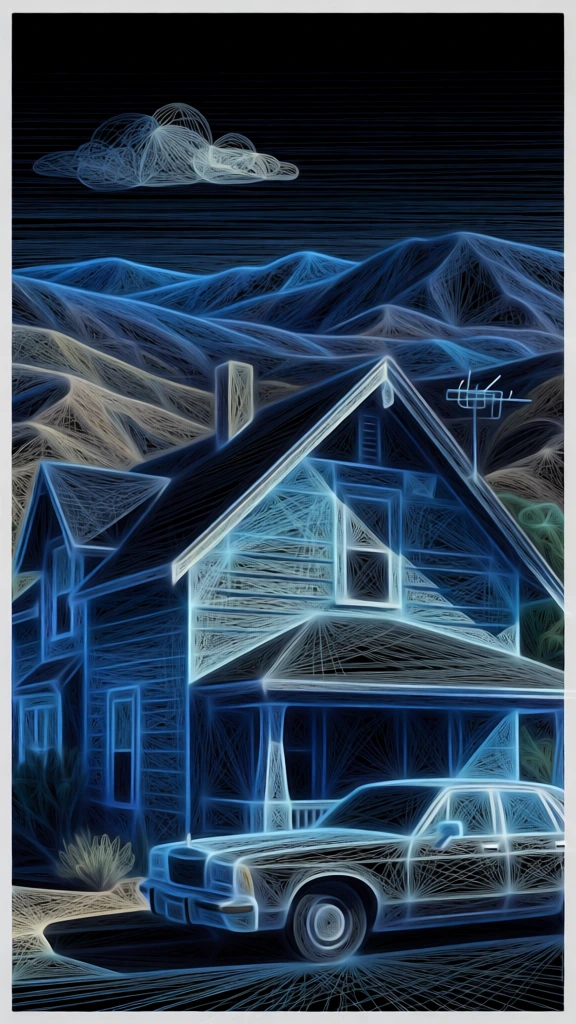 low-angle shot of a two-story gabled house and vintage sedan in a desert landscape, rendered in an intricate mesh of glowing electric blue filaments and dense overlapping wire-like patterns, deep black background, high-contrast linear aesthetic, monochromatic shades of navy and cyan, ethereal edge-lighting, chaotic yet structured digital-organic fusion, repetitive linear textures defining architectural and natural forms, minimalist white border framing, hyper-detailed glowing line work.