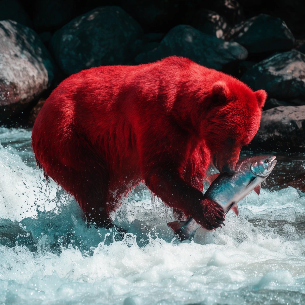 A massive bear with unnaturally vibrant red fur stands in churning river rapids, clutching a large silver fish in its paw. The bear's thick coat glows with intense reddish-auburn hues under bright overhead sunlight, contrasting sharply with the dark underbelly. It leans forward, pinning the gleaming, blue-tinted fish against the turbulent water. Frothy white foam violently splashes around the animal's legs, freezing individual droplets in mid-air. Large, dark grey boulders form a heavily shadowed rocky embankment in the background. The cinematic composition features a striking teal and red color grade, emphasizing the dramatic contrast between the vivid warm tones of the bear and the cool energy of the crashing river.