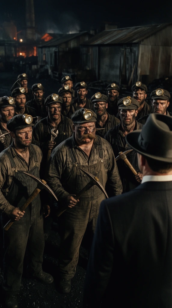 An over-the-shoulder cinematic wide shot captures a tense standoff in a dimly lit industrial coal yard at night. In the right foreground, the dark silhouette of a figure in a tailored suit and fedora stands with their back to the camera, facing a dense crowd of fifteen grimy coal miners. The mob wears heavy canvas overalls, flat caps, and brass headlamps, tightly gripping iron pickaxes and heavy wrenches. The central miner is a broad-shouldered man with a thick walrus mustache and heavily soot-stained cheeks, staring fiercely ahead. Harsh directional lighting from the left casts deep chiaroscuro shadows across the rugged faces of the workers, highlighting the metallic sheen of their tools. The background consists of shadowed corrugated metal shacks and the faint orange glow of distant furnace fires, rendered with a gritty, high-contrast 35mm film aesthetic.