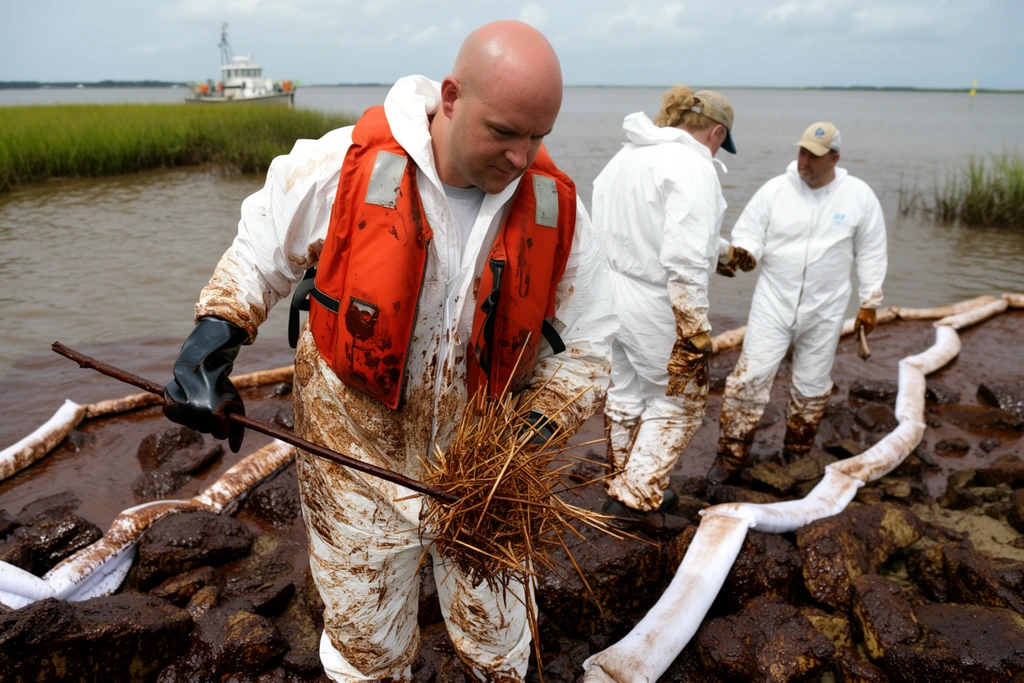 environmental cleanup workers on a shoreline coated in thick dark brown oil, bald man in foreground wearing a heavily stained white protective suit and orange life vest, black rubber gloves, holding a wooden stick and dry straw, two additional workers in white suits nearby, white cylindrical absorbent booms snaking across oil-soaked rocks, muddy water, green marsh grass in background, distant boat, overcast sky, documentary photography, natural diffused lighting