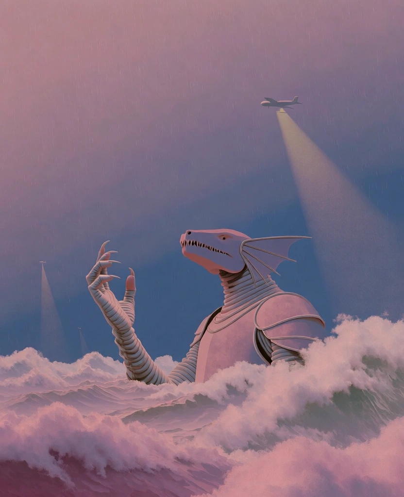 desaturated pastel palette of dusty lavender and muted indigo, minimalist surrealist composition, a giant armored creature with a toothed snout and shoulder fins partially submerged in stylized turbulent waves, a clawed hand raised in the foreground, heavy rain as fine vertical streaks, three small aircraft casting soft light beams, soft-focus matte finish, diffuse flat lighting, graphic silhouettes, velvety textures, ethereal atmosphere, fine digital grain, wide-angle perspective.