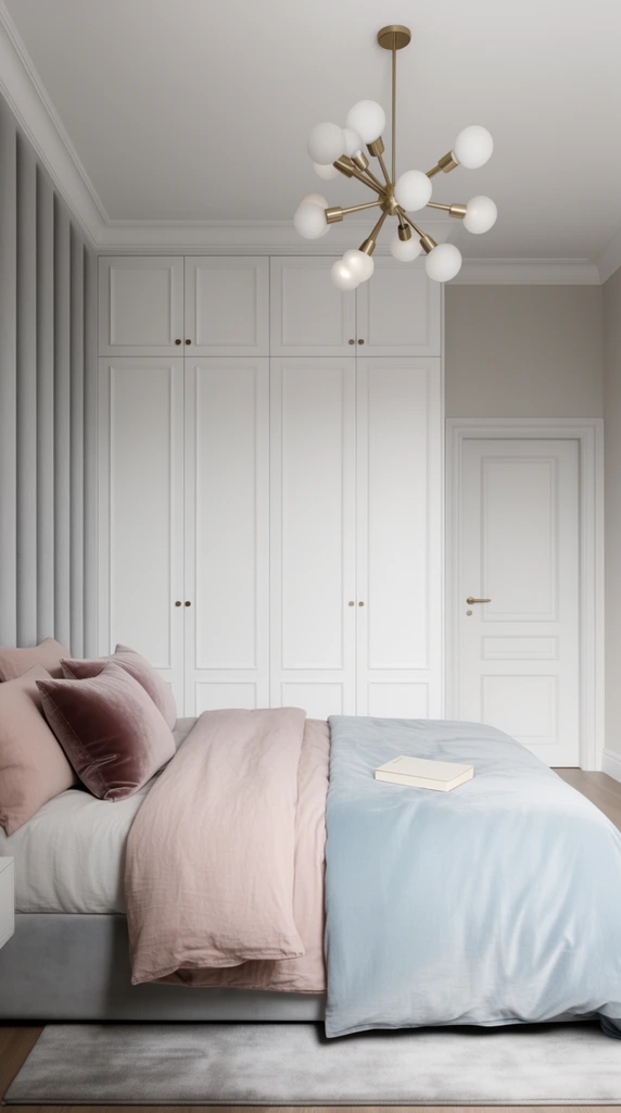 modern minimalist bedroom, white paneled floor-to-ceiling wardrobes with small brass knobs, gray vertical channel-tufted wall, bed with layered dusty pink and pale blue linens, velvet pillows, closed book, brass sputnik chandelier with frosted white globe bulbs, white interior door, soft ambient daylight, photorealistic architectural rendering, muted pastel palette