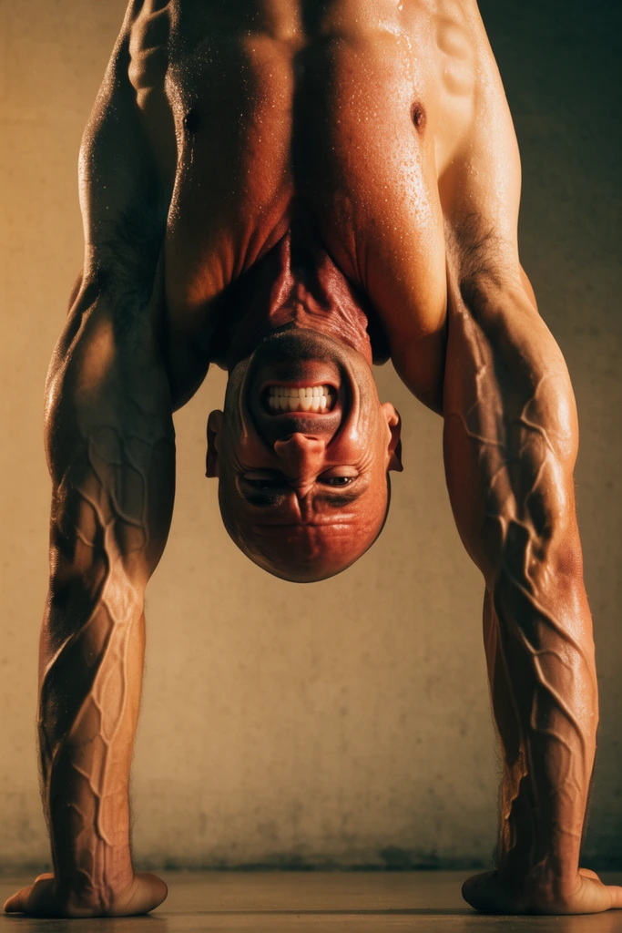 upside-down muscular bald man in a handstand, intense strained facial expression, gritted teeth, bulging neck muscles, highly defined vascular arms supporting heavy body weight, sweat glistening on taut skin, dramatic warm directional side lighting, deep contrasting shadows, textured plain beige wall background, cinematic medium close-up framing, bronze color palette, gritty athletic aesthetic