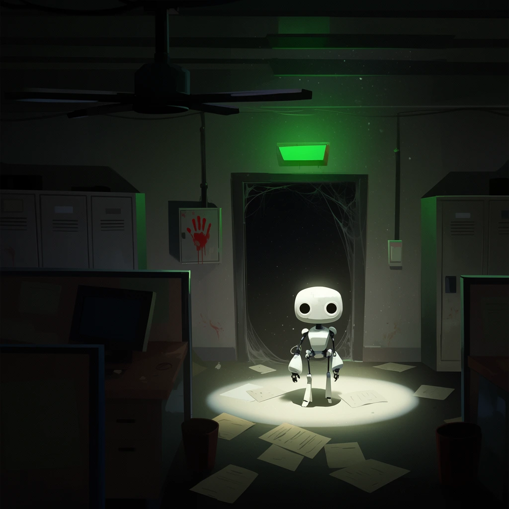 A small bipedal white robot stands caught in a stark circular spotlight within a dark, abandoned office. The stylized robot features a large head and thin limbs, positioned on a floor strewn with loose papers. Behind it, a dark doorway framed by thick cobwebs is flanked by metal lockers and a wall box marked with a bright red handprint. A glowing green rectangular fixture sits above the entrance. Deep shadows swallow the rest of the room, revealing dim silhouettes of cubicle partitions, a desk monitor, and an overhead industrial fan. This atmospheric digital painting utilizes high-contrast cinematic lighting, floating dust motes, and a moody palette of deep greens and shadowy greys.
