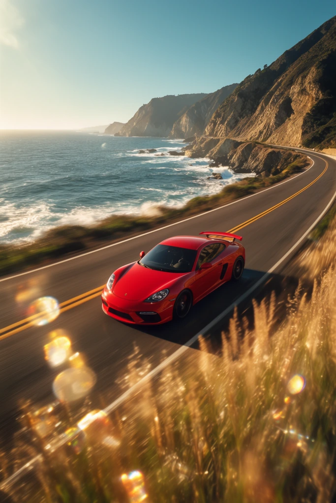 bright red sports car speeding along a coastal highway, intense motion blur on the asphalt, sleek aerodynamic coupe with a rear spoiler, expansive blue ocean with crashing waves on the left, steep rugged cliffs to the right, winding road with double yellow lines, blurred tall grass in the foreground catching golden lens flares, high-angle dynamic perspective, cinematic automotive photography, warm golden hour sunlight, bright clear sky