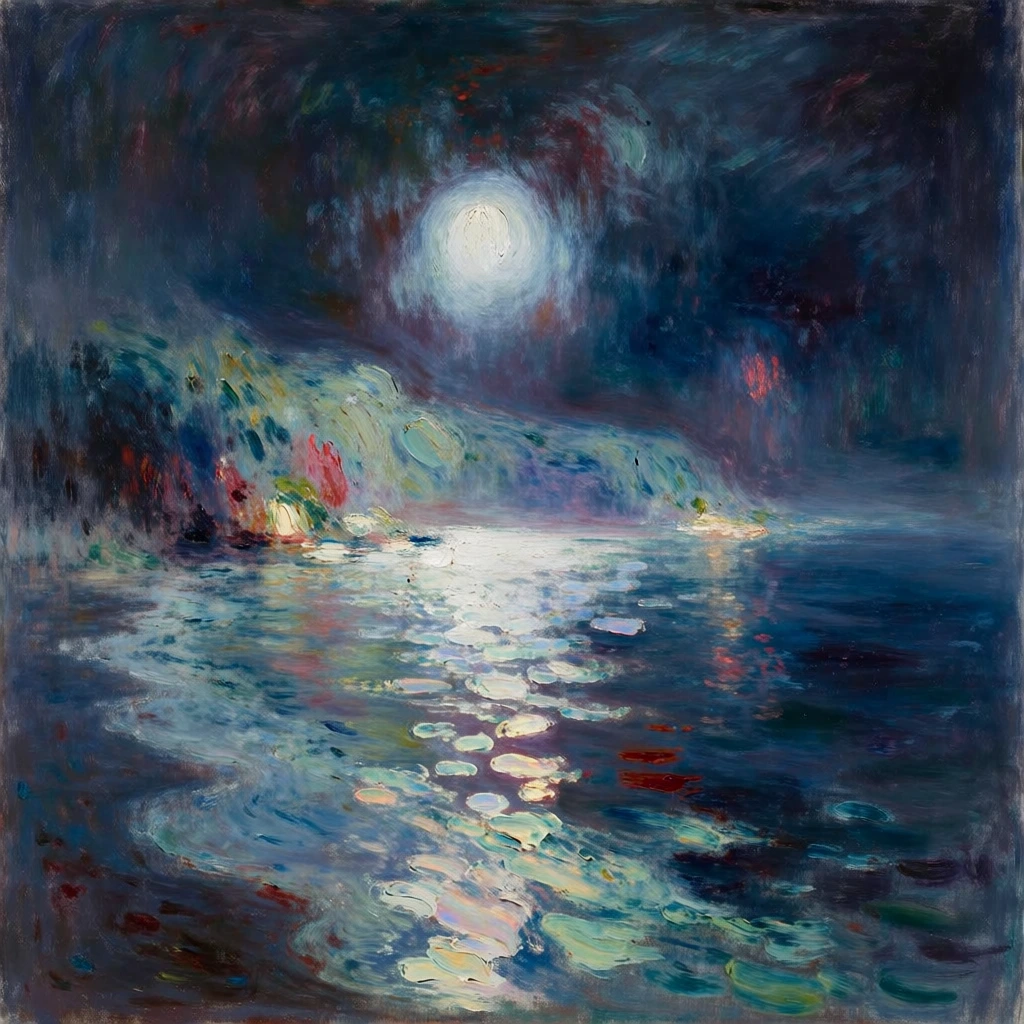 impressionistic oil painting, heavy impasto gestural brushwork, deep indigo and cerulean water meeting a hazy shoreline on the left, a brilliant luminous circle suspended in a dark moody sky above the landmass, ethereal soft-focus bloom, hazy light diffusion, vibrant iridescent white reflections dancing on the water surface, pops of warm madder lake and coral pink accents, dreamlike spectral atmosphere, rhythmic mark-making, visible canvas texture, high-contrast tonal range.