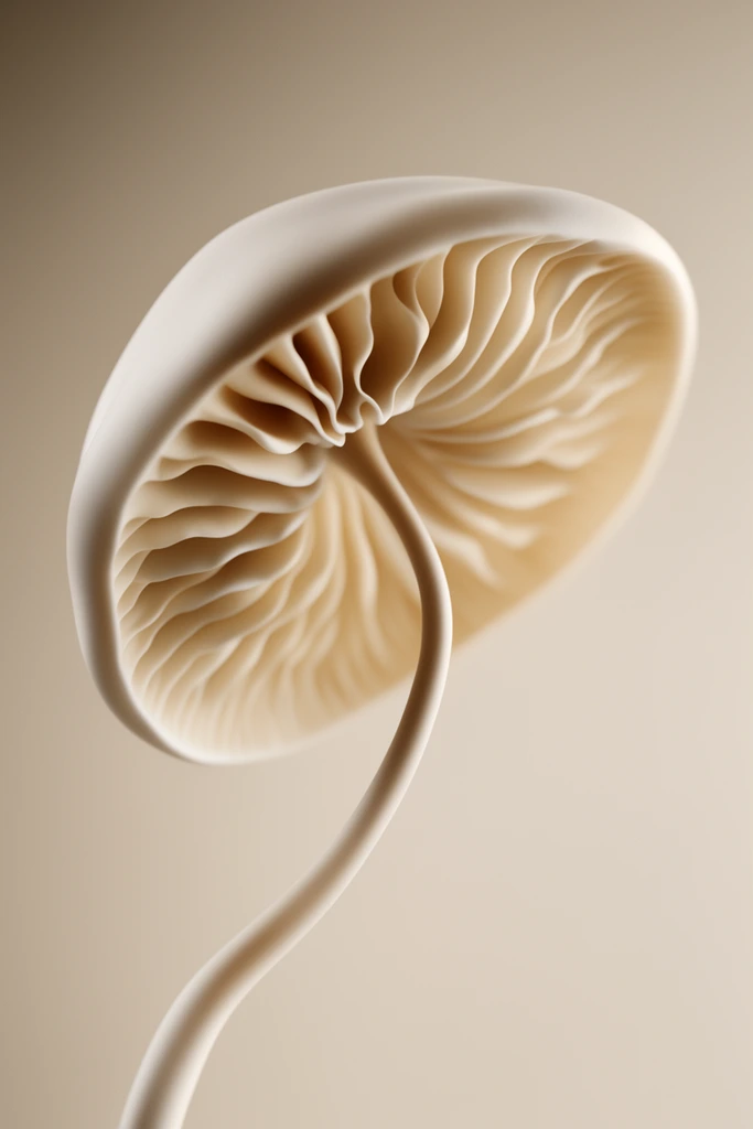 stylized cream mushroom cap viewed from below, smooth matte organic surface, deep undulating gills radiating from a thin curved stem, soft diffused lighting, monochromatic beige gradient background, shallow depth of field, minimalist composition, elegant flowing lines