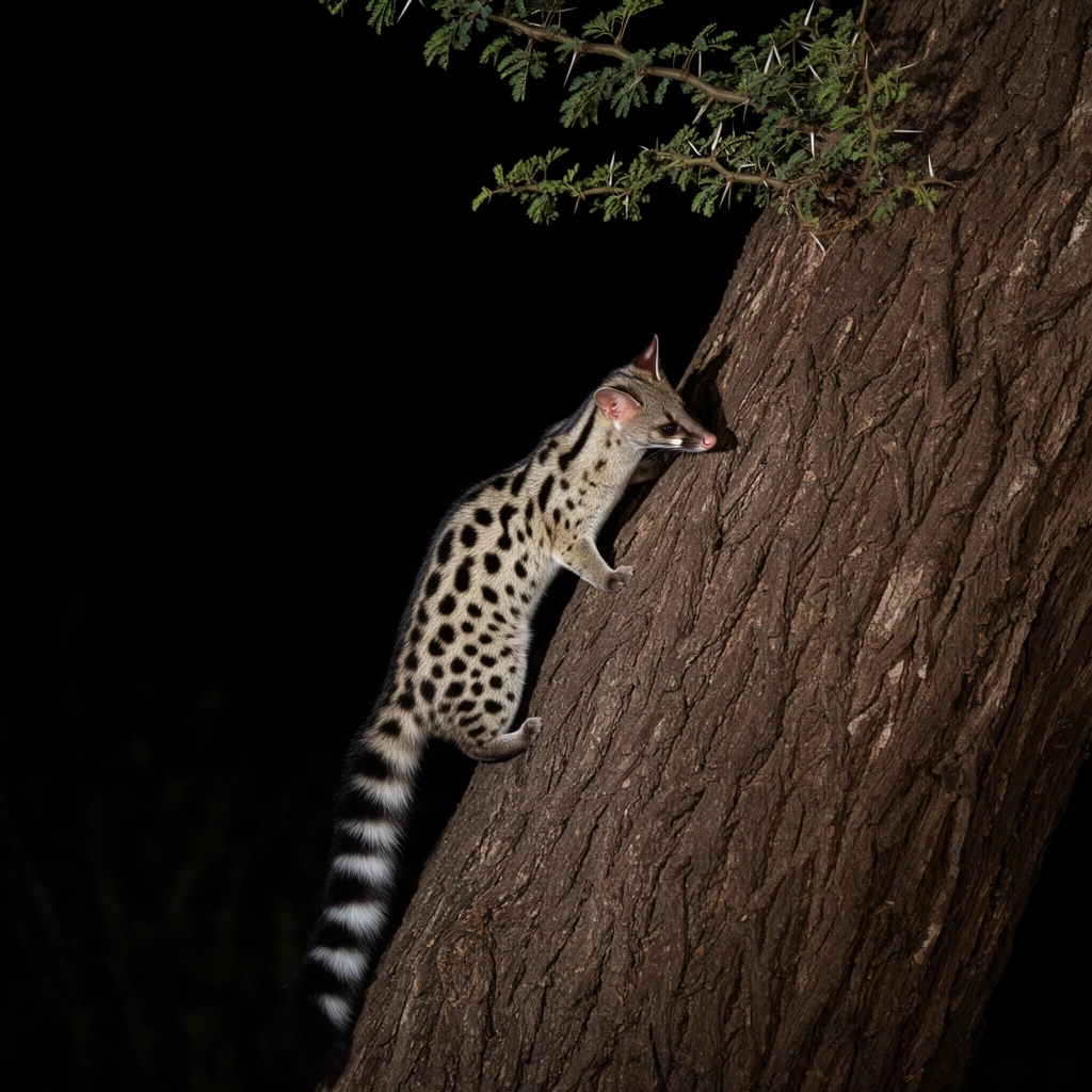 A spotted genet climbs the rough trunk of a massive tree against a pitch-black night sky. The small mammal features pale fur with distinct dark spots, a pointed face, and a long tail banded in bold black and white rings. Its claws grip the deeply grooved brown bark while scaling diagonally. A small branch with delicate, thorny green leaves hangs near the top edge. Illuminated by a stark camera flash, the animal and the right side of the tree are cast in crisp light, while the left side fades into deep shadow. This extreme chiaroscuro effect isolates the creature in a dark void, highlighting its intricate fur patterns and the rugged texture of the wood.