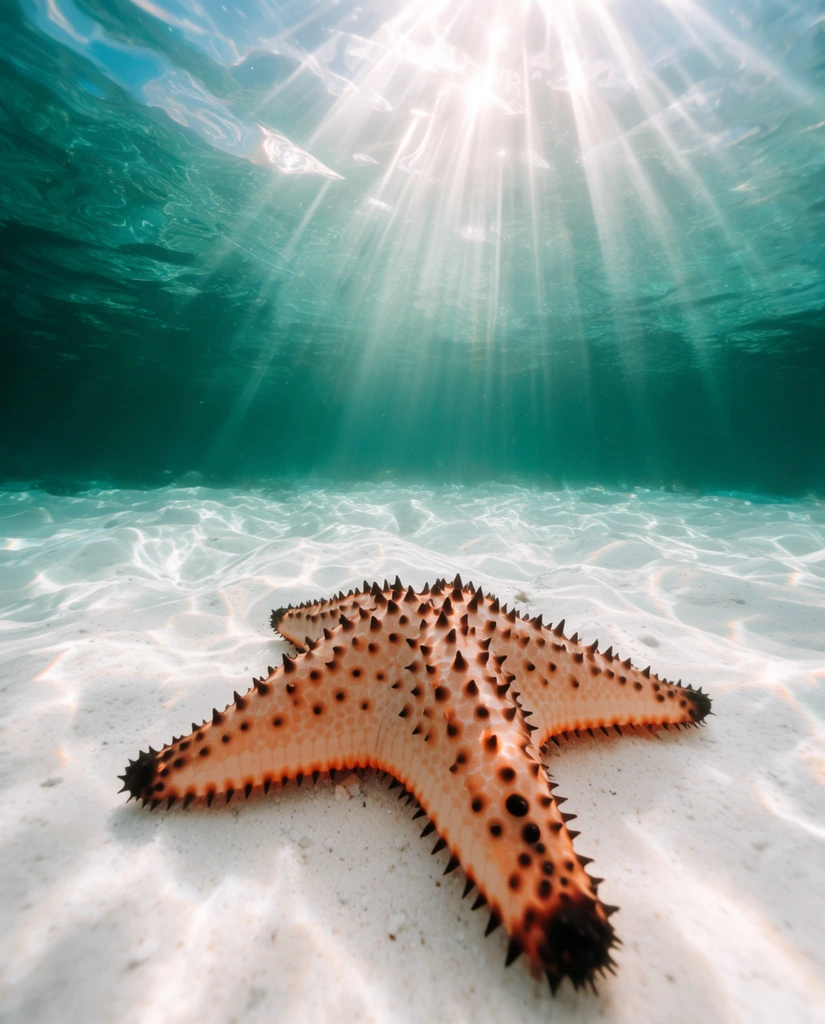 A large, five-armed starfish rests on a pristine white sandy seabed beneath clear turquoise water. The pale orange sea star, covered in prominent dark brown conical spines, anchors the lower foreground. Above, deep emerald water gradients to a luminous surface where brilliant sun rays filter down. Wide-angle underwater photography captures dynamic, rippling light caustics across the sand, creating vibrant contrast between the warm marine life and the cool, bright aquatic environment.