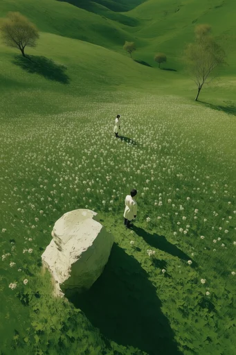 Monochromatic Verdant Surrealism style reference image — isolated human figures