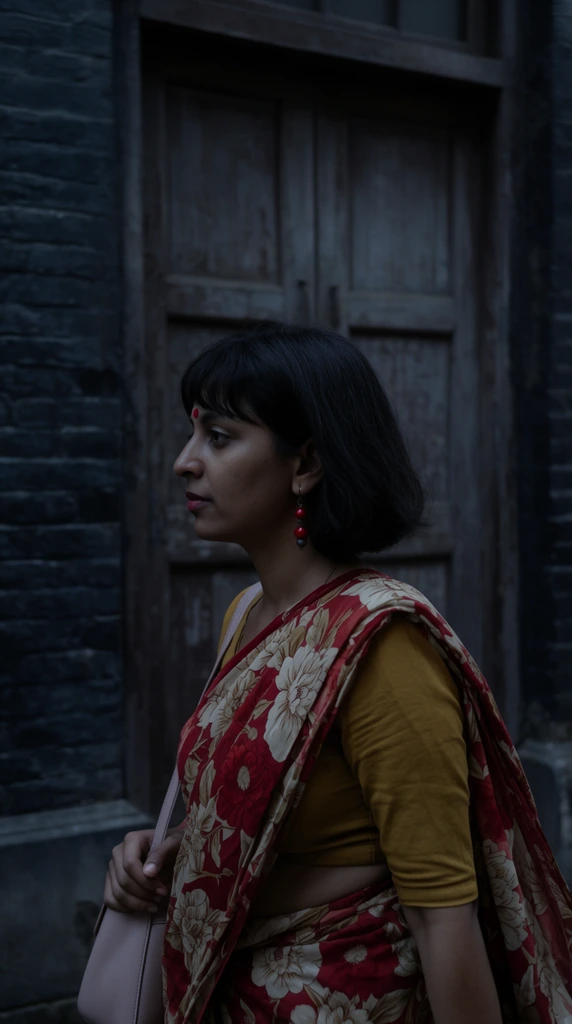 A woman in profile walks past a dark textured brick wall and weathered wooden paneled door. She has a dark bob with bangs, a red bindi, and a dangling red bead earring. She wears a mustard-yellow blouse under draped fabric with bold red and cream floral patterns, carrying a pale pink shoulder bag. Captured in a cinematic medium close-up with a shallow depth of field, dim overcast lighting creates a moody atmosphere. The muted color palette highlights the warm hues of her clothing against the shadowy, cool-toned architectural environment.