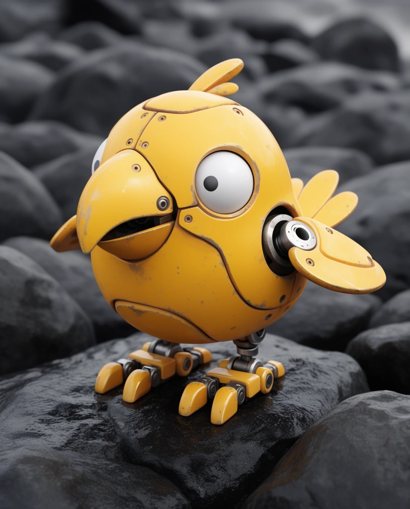 A bright yellow mechanical bird stands on wet, dark grey rocks. The round robotic creature features weathered metal panels, a curved beak structure, and a large spherical white eye with a tiny pupil. Metallic joints articulate its small wings and thick clawed feet. Smooth, monochromatic rocks fill the out-of-focus background. The 3D render uses photorealistic lighting and shallow depth of field to emphasize the stark contrast between the vibrant yellow subject and the desaturated environment.