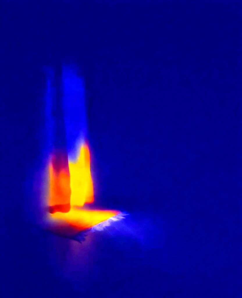 thermal imaging aesthetic, high-contrast heat map, saturated ultramarine blue background, curtains hanging over a wooden floor and a fringed rug rendered as glowing heat signatures in vibrant cadmium yellow and fiery orange, soft-focus bleeding edges, ethereal inner glow, chromatic aberration, blurred silhouettes, atmospheric distortion, minimalist composition with vast negative space, low-fidelity digital sensor noise, iridescent color bleeding across textures