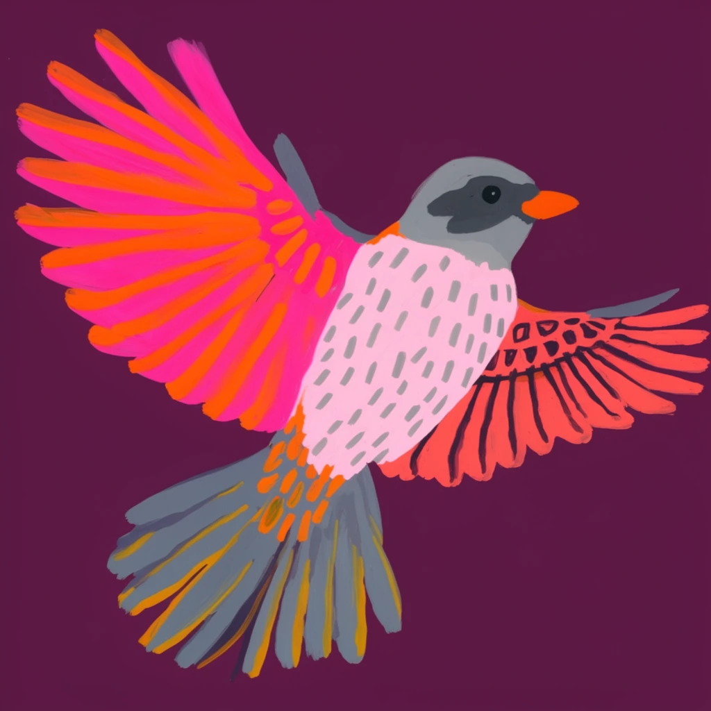 A vibrant, stylized illustration of a bird in mid-flight set against a solid deep plum background. Rendered with bold, unblended brushstrokes and graphic shapes, the bird features a striking neon color palette. Its fully extended left wing radiates hot pink and vivid orange, while the right wing displays deep coral with dark structural details. The pale pink breast is textured with short grey dashes, contrasting with a solid grey head, a charcoal eye patch, and a bright orange beak. The downward-pointing tail feathers are painted in muted blue-grey with yellow-orange highlights. The flat, opaque coloring and dynamic composition create a bold, modern aesthetic emphasizing high contrast and expressive color.