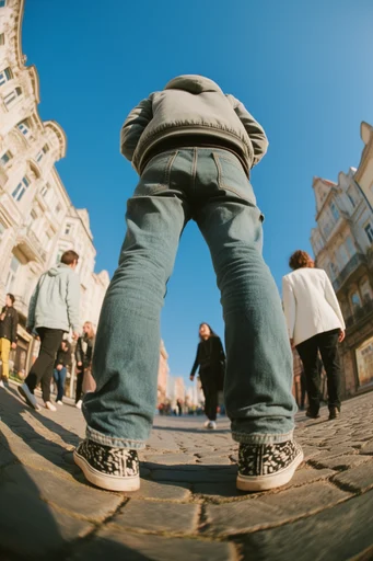 Dynamic Fisheye Streetwear style reference image — extreme low angle shot