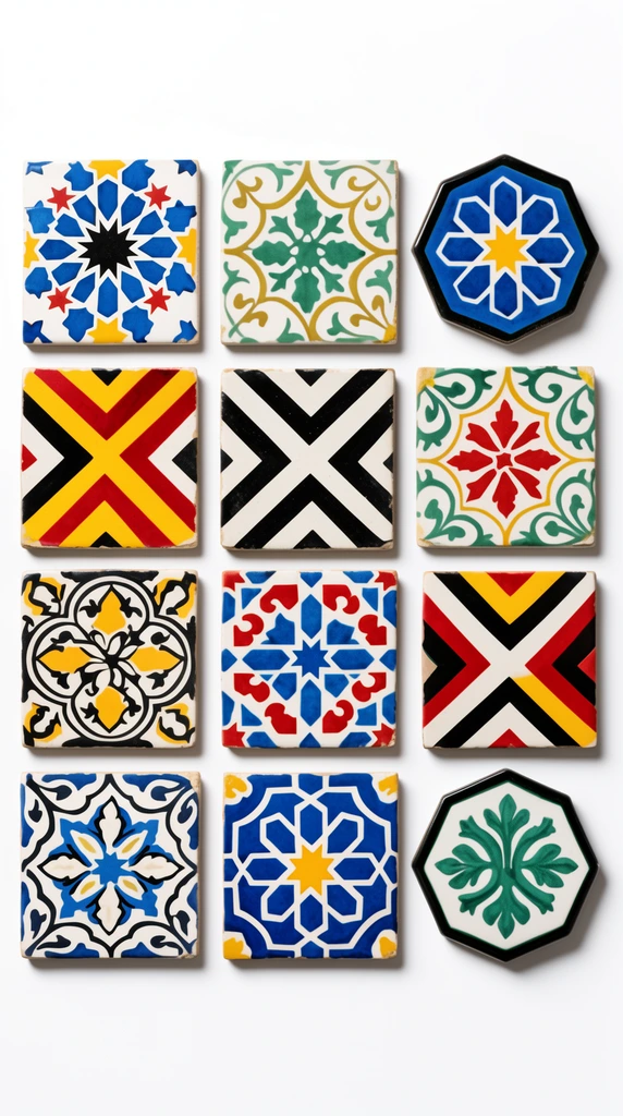 A flat lay 3x4 grid of twelve vividly patterned ceramic tiles on a pure white background. Ten square and two hexagonal tiles display varied motifs like intricate geometric stars, bold chevrons, and botanical arabesques in saturated blue, red, yellow, green, and black. Crisp overhead lighting creates subtle bottom-right drop shadows, highlighting the matte textures and striking graphic contrasts.