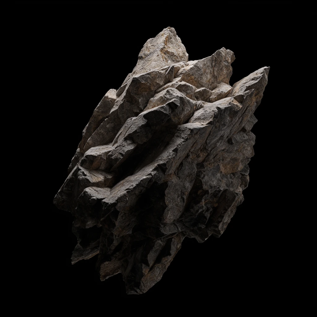 floating jagged rock formation, rough gray and brown stone, sharp edges, isolated on pitch black background, dramatic high-contrast lighting, deep shadows, sharp focus