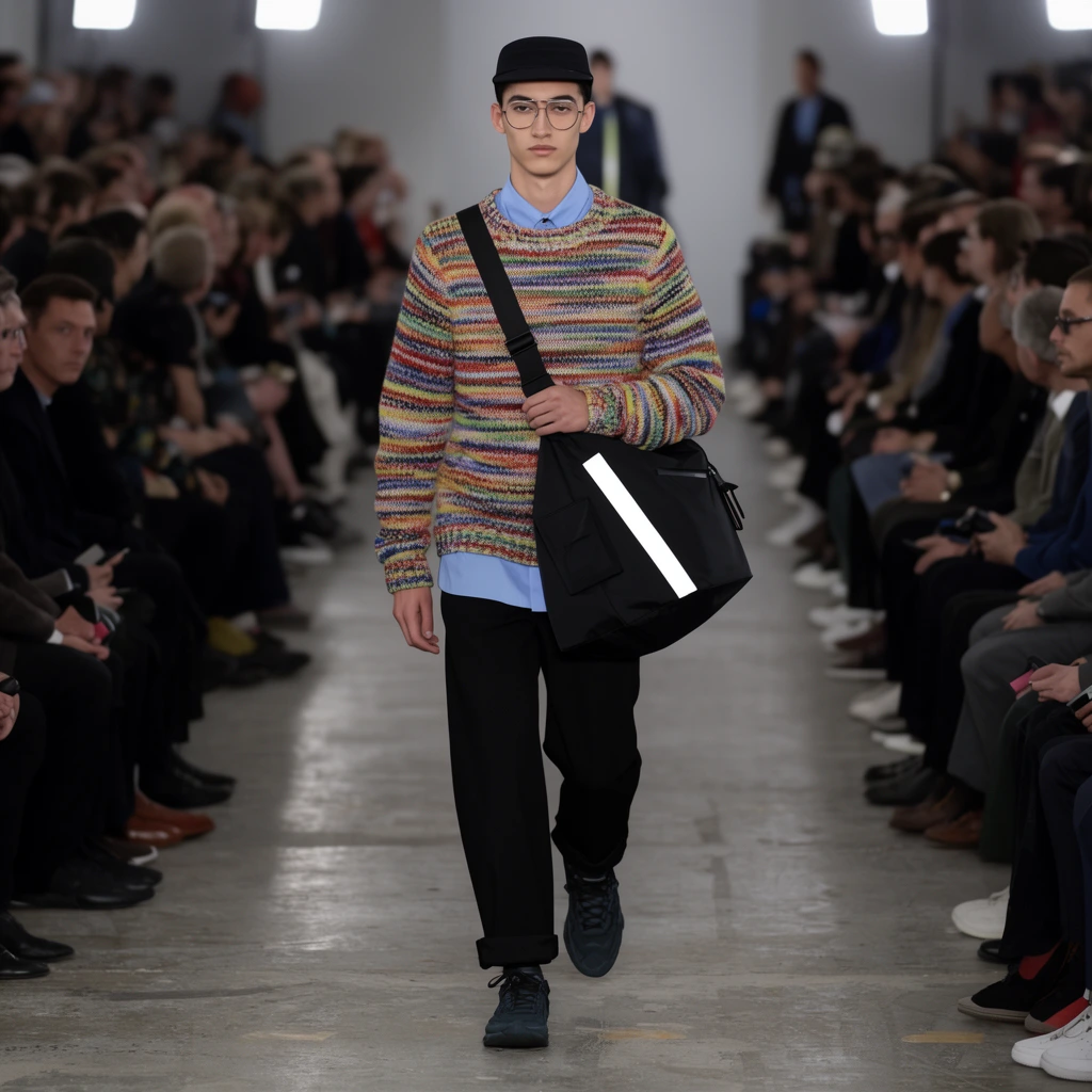 male model walking a concrete runway, multicolored horizontal striped knit sweater over a light blue collared shirt, cuffed black trousers, dark sneakers, wire-rimmed glasses, small black cap, large black cross-body messenger bag with a stark white reflective stripe, softly blurred seated audience flanking the aisle, bright overhead studio lighting, sharp central focus, shallow depth of field, fashion editorial photography