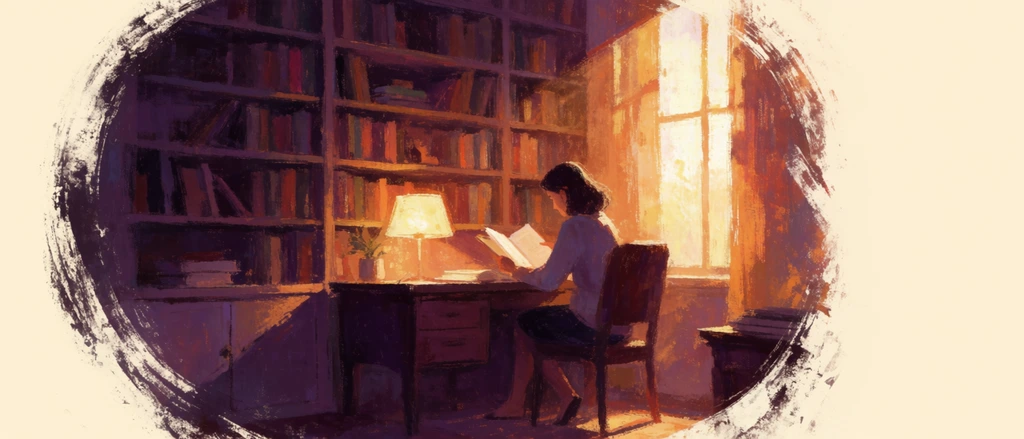 A woman reads at a desk bathed in golden light from a glowing lamp and nearby window, backed by a towering bookshelf. Rendered in a textured painterly style, deep purple shadows contrast with warm orange highlights. The composition fades into a cream background through rough, expressive brushstrokes forming an organic vignette.