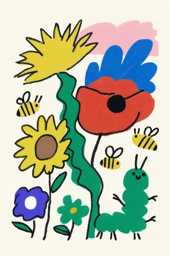 Textured Naive Whimsy style reference image — off-white paper background