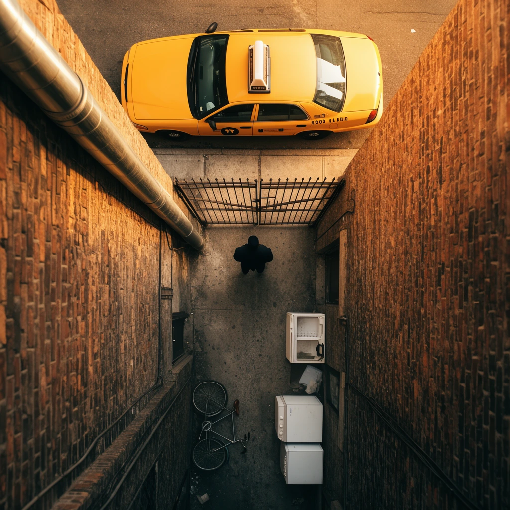 A direct bird's-eye view down a narrow urban alley flanked by textured brick walls in warm golden light. A yellow taxi parks horizontally on the street behind a metal gate where a dark figure stands. The concrete alley floor holds a fallen bicycle and white appliances. A metallic pipe runs along the left wall, enhancing the cinematic high-angle symmetry.
