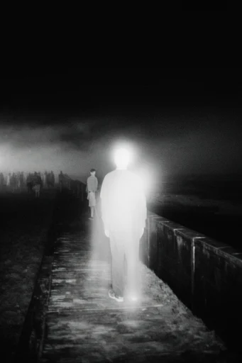 Monochrome Occult Surrealism style reference image — heavy analog film grain
