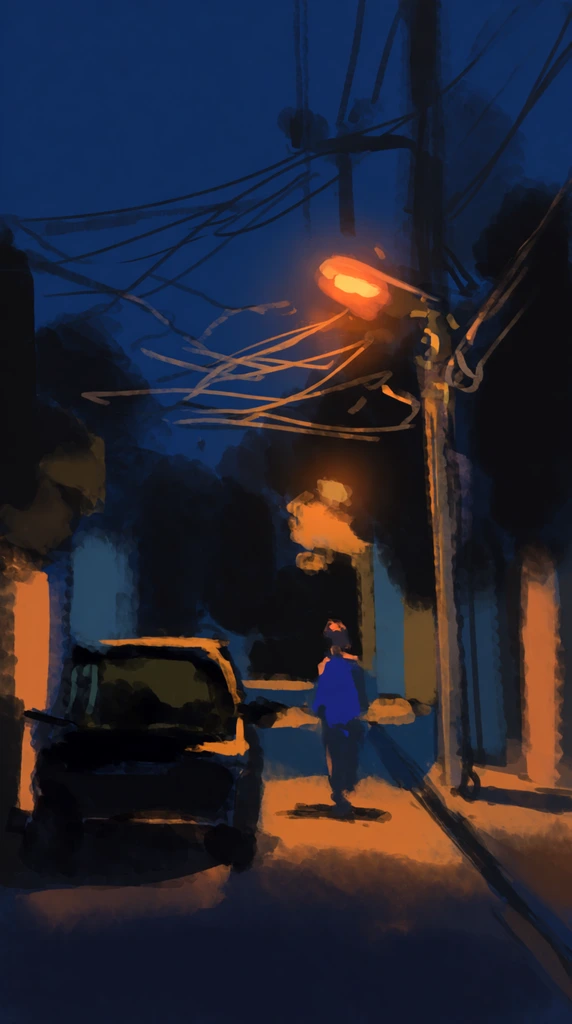 impressionistic digital painting of a night street, lone figure in blue walking under a warm orange streetlamp glow, dark car, deep blue shadows, tangled wires, loose brushstrokes