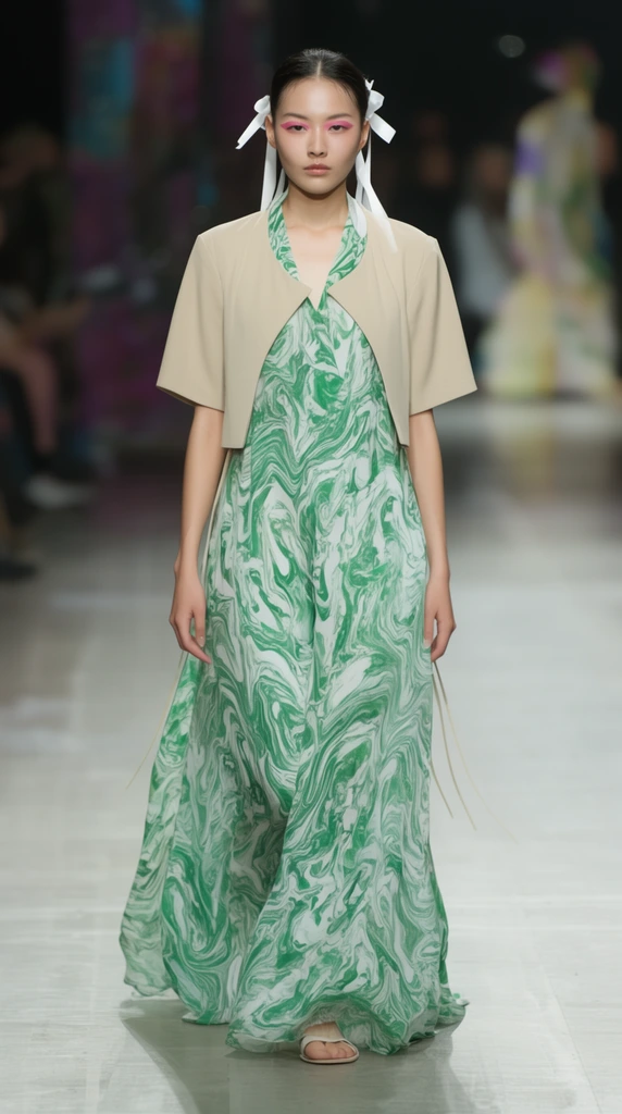 female runway model, flowing floor-length dress with green and white marbled pattern, beige short-sleeved vest overlay, hair tied with white ribbons, pink eyeshadow, blurred stage background, runway lighting