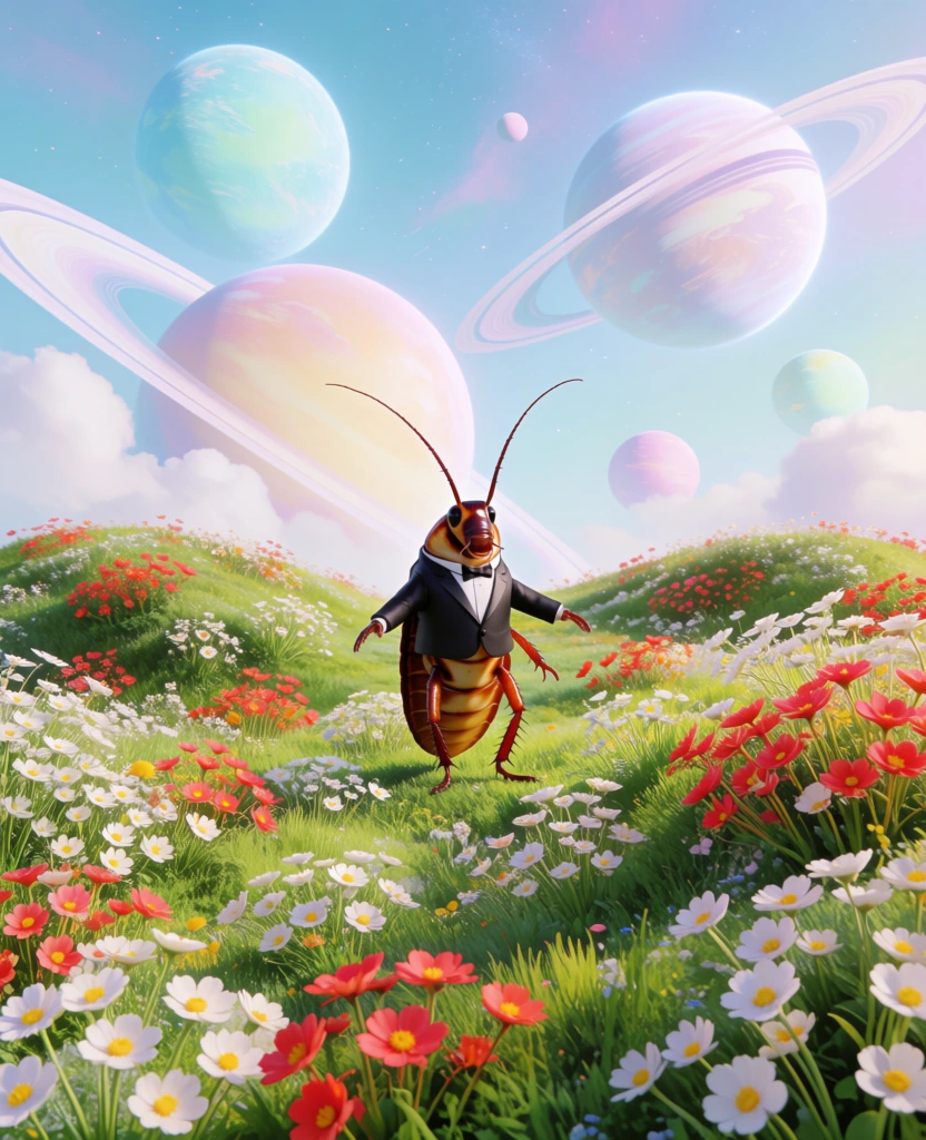 wide-angle surreal 3d digital render, an anthropomorphic cockroach character wearing a tailored tuxedo standing in a lush meadow of white and red wildflowers, rolling green hills, bright blue ethereal sky with faint stars, multiple oversized pastel planets with glowing rings floating above, dreamlike atmosphere, soft cinematic lighting, whimsical and surreal aesthetic, vibrant color palette of soft greens and pastels, smooth high-fidelity textures, peaceful dreamcore vibe