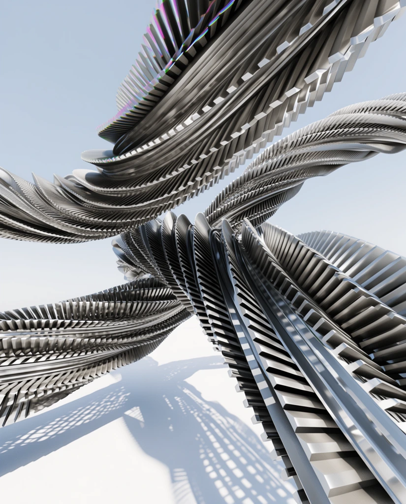 Thick twisted tree branches constructed entirely from dense, parallel, extruded metallic fins and rigid architectural louvers. The spiraling, interwoven boughs feature a hyper-structured, industrial material composed of stark silver and gray lamellae with sharp, rhythmic geometric edges. The ridged surfaces gleam under harsh, direct, high-contrast sunlight, forming deep charcoal shadow lines trapped within the narrow crevices of the metallic ribs. An extreme low-angle perspective looks sharply upward at the towering, violently foreshortened structure, set against a smooth, pale, icy blue gradient background. A faint trace of iridescent magenta and green edge-lighting clings to the topmost curving contours of the metal. The dense, slatted forms cast distinct, elongated, heavily gridded shadows across a bright, pristine white ground plane below.