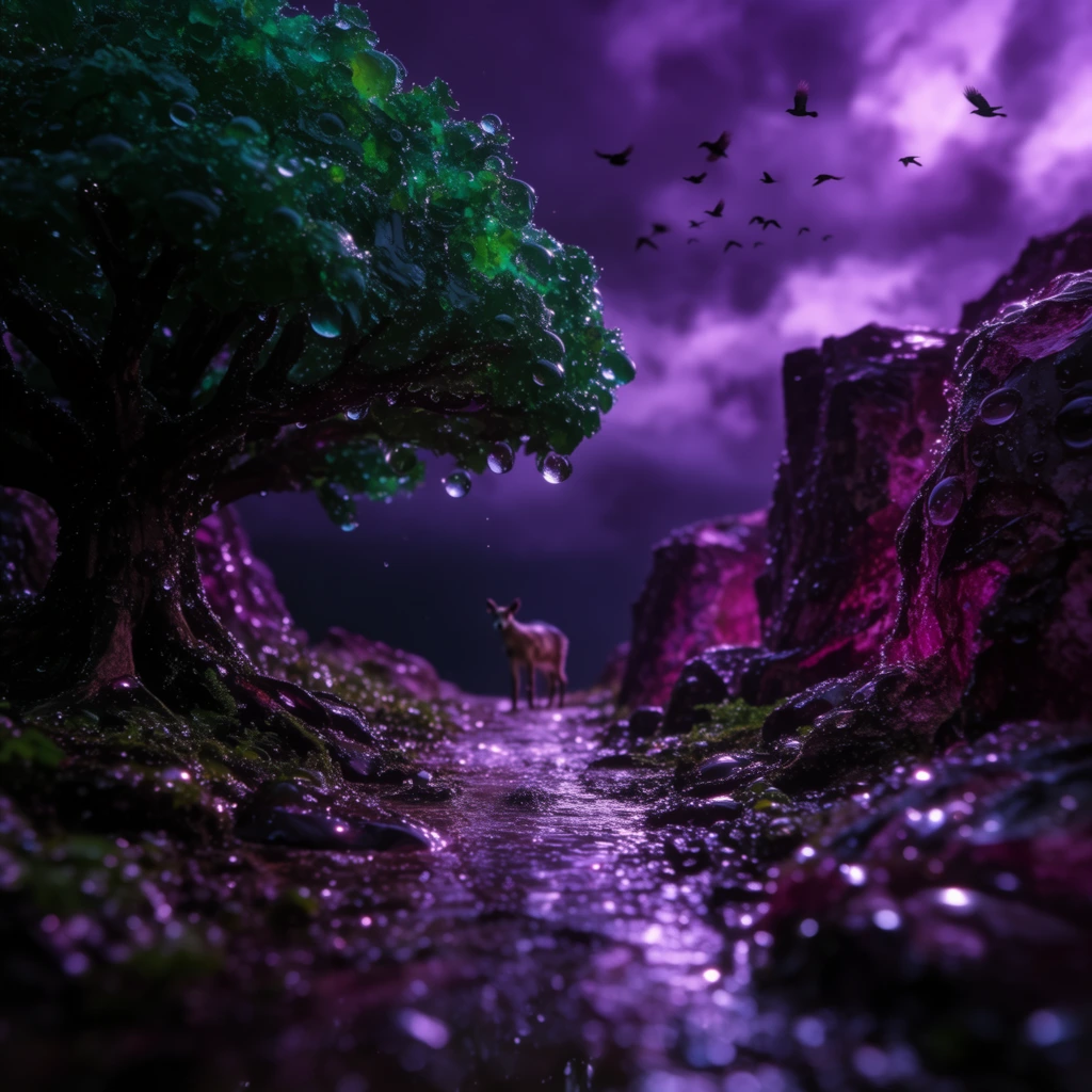 A wet, glistening path stretches between a massive emerald-green tree on the left and jagged, magenta-tinted rocky cliffs on the right, drawing the eye toward a small animal standing in the distance beneath heavy atmospheric clouds and a flock of flying birds. The landscape features a hyper-realistic, dramatic aesthetic dominated by highly saturated jewel tones of vibrant violet, deep purple, and rich green. Every surface across the wood, stone, and earth is ultra-glossy and densely coated in thousands of crisp, pristine water droplets that reflect bright, pinpoint specular highlights. Intensely moody, high-contrast lighting creates deep, inky black shadows that amplify the glowing, crystalline quality of the wet environment. An extreme shallow depth of field, characteristic of macro photography, locks razor-sharp focus on the central path and distant animal while dissolving the immediate foreground elements and the distant sky into smooth, luminous bokeh.