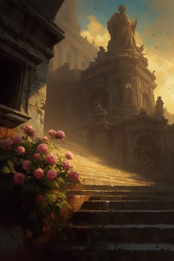 Monumental Industrial Golden Haze style reference image — dieselpunk ruins