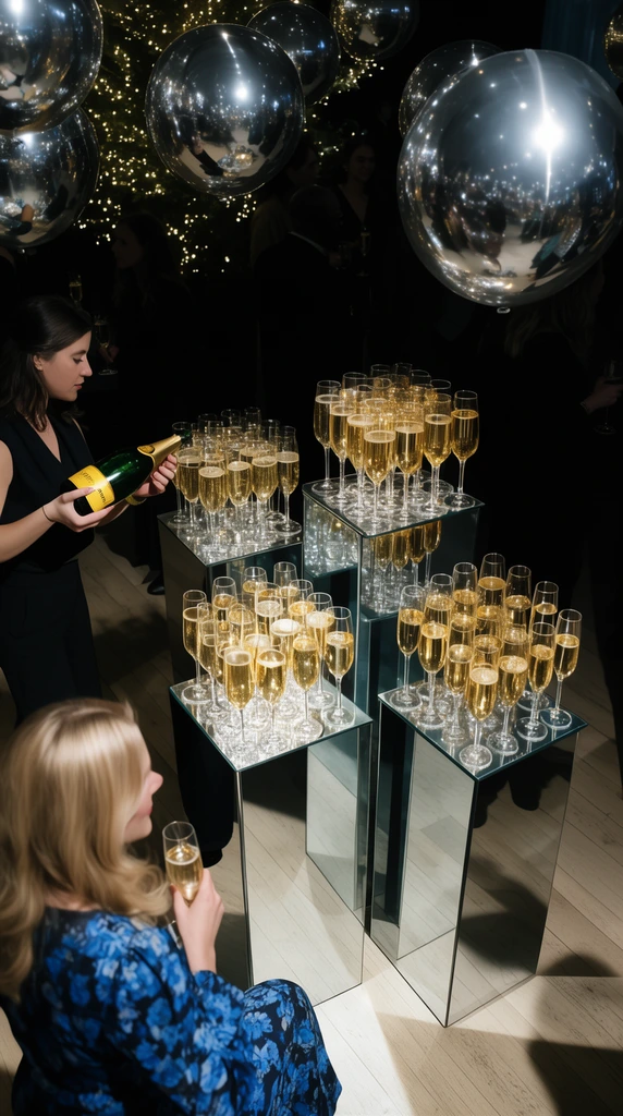 Staggered mirrored pedestals covered in golden champagne-filled flutes dominate a dark, moody event space from a high-angle perspective. On the left, a woman pours liquid from a green bottle, while another blonde woman in a blue floral top sits in the foreground. Floating spherical silver balloons reflect the room above shadowy silhouettes of mingling guests and a softly twinkling tree. Strong directional lighting casts sharp shadows on the light wooden floor, emphasizing the high-contrast shimmer of glass, metallic orbs, and mirrored surfaces.