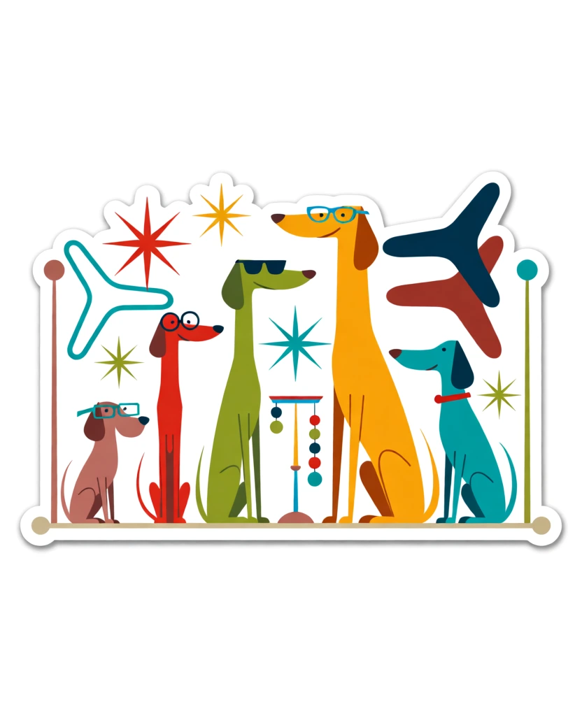 A vibrant mid-century modern illustration features five stylized, minimalist dogs in various colors and sizes arranged along a horizontal line amidst geometric shapes and starbursts. Starting from the left, a small, brownish-pink dog sits in profile facing right, wearing rectangular teal-colored glasses. Next to it stands an extremely thin, elongated red dog with dark circular glasses. In the center is a tall, slender green dog with a long neck and dark sunglasses, shown in profile facing right. To its right, a large yellow-orange dog with an elongated body and a long neck wears blue-rimmed glasses. On the far right, a teal-colored dog sits facing left, wearing a simple red collar. The dogs have minimalist, flat features with simple dark noses. The figures are positioned on a thin, light tan horizontal line with small circular ends. Two vertical poles with circular terminals frame the scene on the left and right sides. Various retro motifs float around the dogs, including three multi-pointed starbursts in red, yellow, and green. A teal boomerang outline appears on the left, while a solid dark blue boomerang and a solid brownish-red boomerang are stacked on the right. A small decorative vertical stand with hanging colorful circular beads sits between the green and yellow dogs. The illustration uses a minimalist, flat graphic art style with a bright, retro color palette. The entire graphic is enclosed by a thick, white offset border, giving it the appearance of a die-cut sticker against a plain white background. The composition is two-dimensional with no depth or shading.