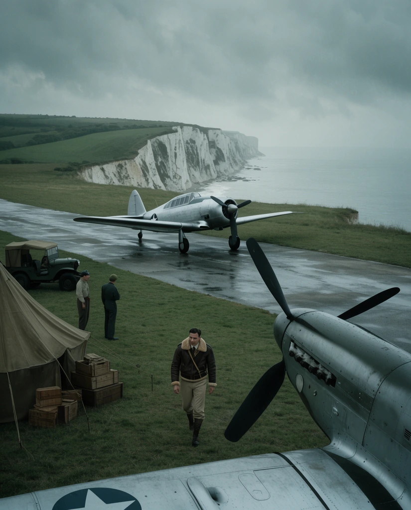 A cinematic wide shot of a vintage military airfield on a grassy coastal cliff under an overcast sky. A silver propeller plane sits on a wet runway beside stark white cliffs bordering the sea. A pilot in a leather flight jacket walks across the grass toward the partially framed nose of a second aircraft in the foreground. A canvas tent, wooden crates, and a utility vehicle sit near two standing figures on the left. The atmospheric scene features a desaturated palette of cool grays and greens with soft, diffused lighting.