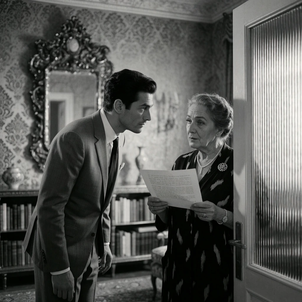 A black and white cinematic still captures a dark-haired man leaning toward an older woman inside a richly textured room. The man on the left wears a light suit, white shirt, and dark tie, gazing intensely in profile. The older woman holds a paper document, dressed in a dark garment with light abstract shapes, a pearl necklace, and a brooch, her face showing an attentive expression. The mid-century interior features damask wallpaper, a heavily carved ornate mirror, and low bookshelves filled with volumes. A partially open door with vertical ribbed frosted glass panels stands on the right. Monochromatic lighting and a shallow depth of field keep the subjects in sharp focus against the softly blurred, intricate background details.