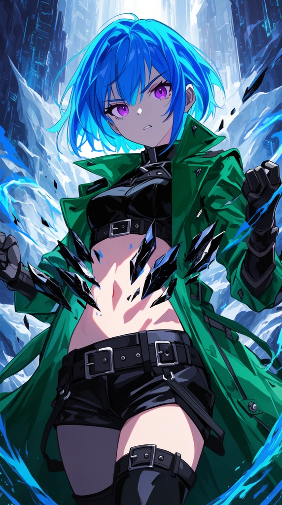 A fierce anime-style warrior girl in an emerald green trench coat stands against an icy cyber-city backdrop. She has short neon blue hair, purple eyes, a black tactical crop top, and buckled shorts. She grips jagged black crystal shards suspended around her exposed midriff. Swirling blue energy and dramatic backlighting emphasize the high-contrast cel-shaded artwork.