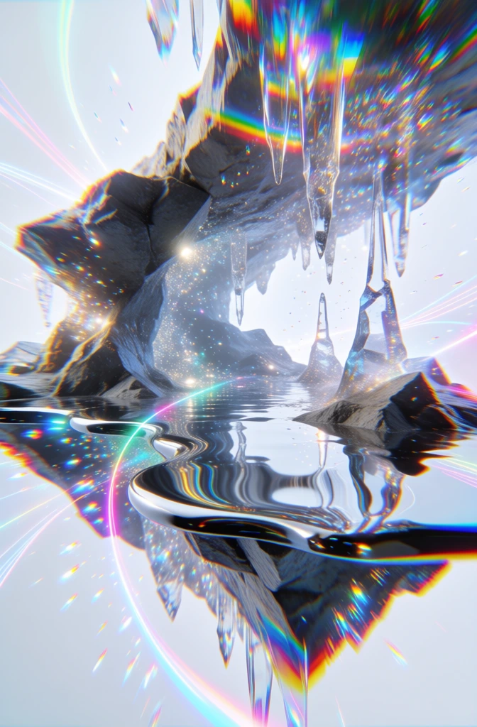flooded cavern featuring translucent glass-like stalactites and sharp crystalline rock formations isolated against a clinical high-key white background, mirror-finish liquid water, thousands of floating prismatic light particles, intense spectral dispersion, heavy chromatic aberration, vivid rainbow light leaks, intricate caustic refraction, razor-sharp edge definition, liquid crystal aesthetic, futuristic digital rendering, ray-traced optics, saturated cyan and magenta color fringing
